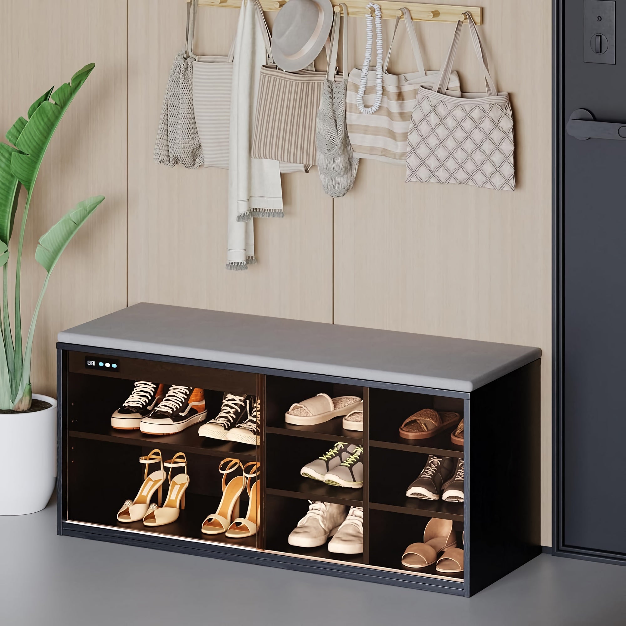 Shoe Storage Bench, 6 Storage Entryway Cabinet with Teal Glass Door, Adjustable Shelves, Deodorization & Negative-Ion Technology for Home, Entryway, Living Room (Black) - YJ-HXG-002 Shoe Storage Bench, 6 Storage Entryway Cabinet with Teal Glass Door, Adjustable Shelves, Deodorization & Negative-Ion Technology for Home, Entryway, Living Room (Black) - YJ-HXG-002